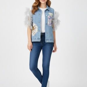 #A129  N By Nancy  Denim Vest  cottagecore  Ruffled Organza Sleeves  NWT  L